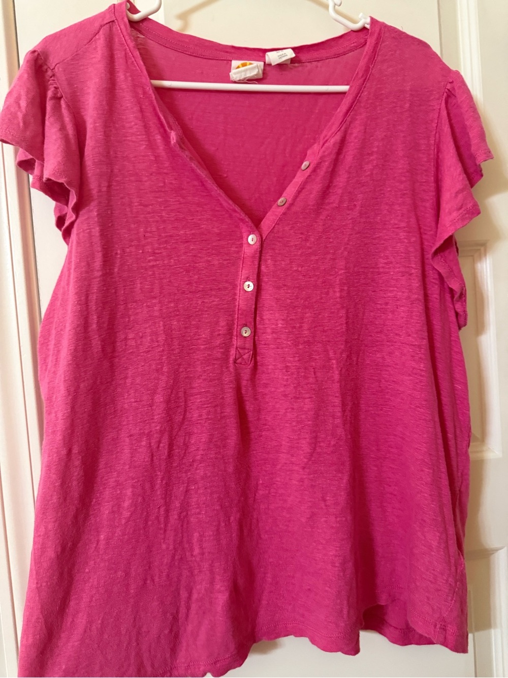 C&C California Fuchsia Short-Sleeve Henley Blouse Plus Size 1X 100% Linen